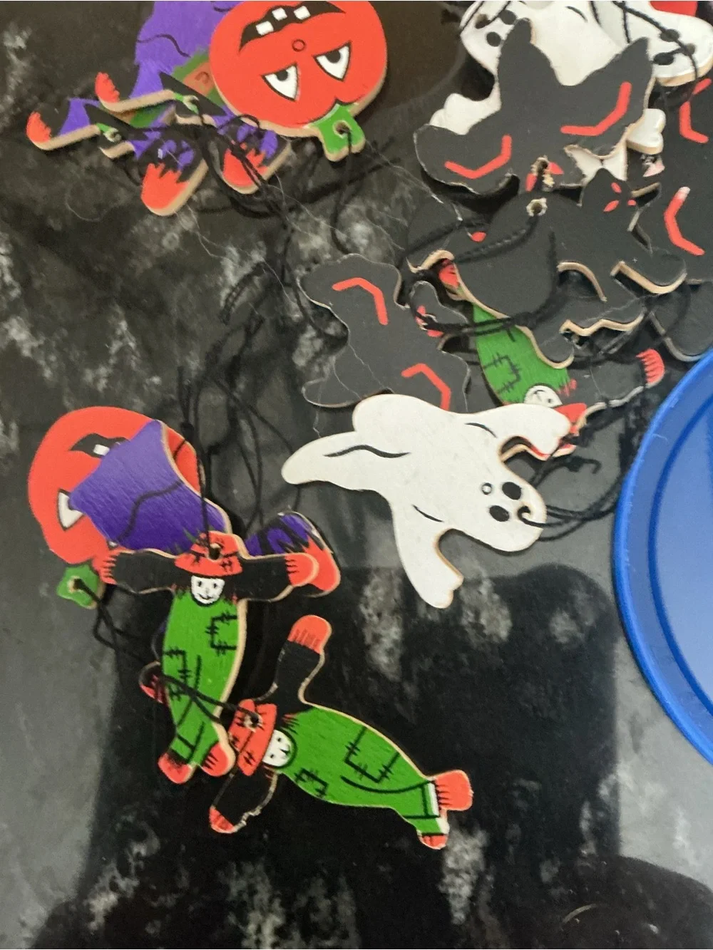 lot of two vintage Halloween trees with wood ornaments please see pictures